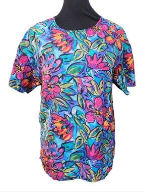 Melrose 100% Silk Blouse Colorful Size 8 Womens Short Sleeve Top Shirt Floral